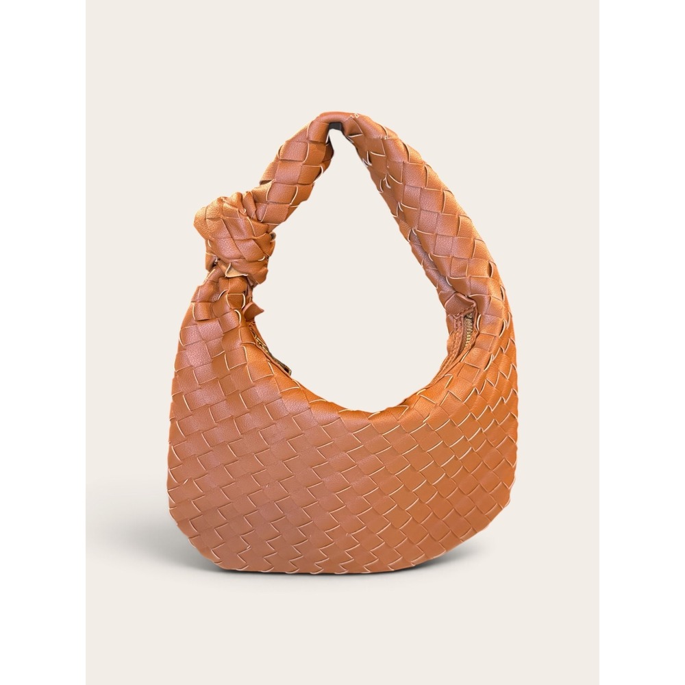 Urban Expressions Woven Cognac Brown Vegan Leather Knotted Hobo Shoulder Bag